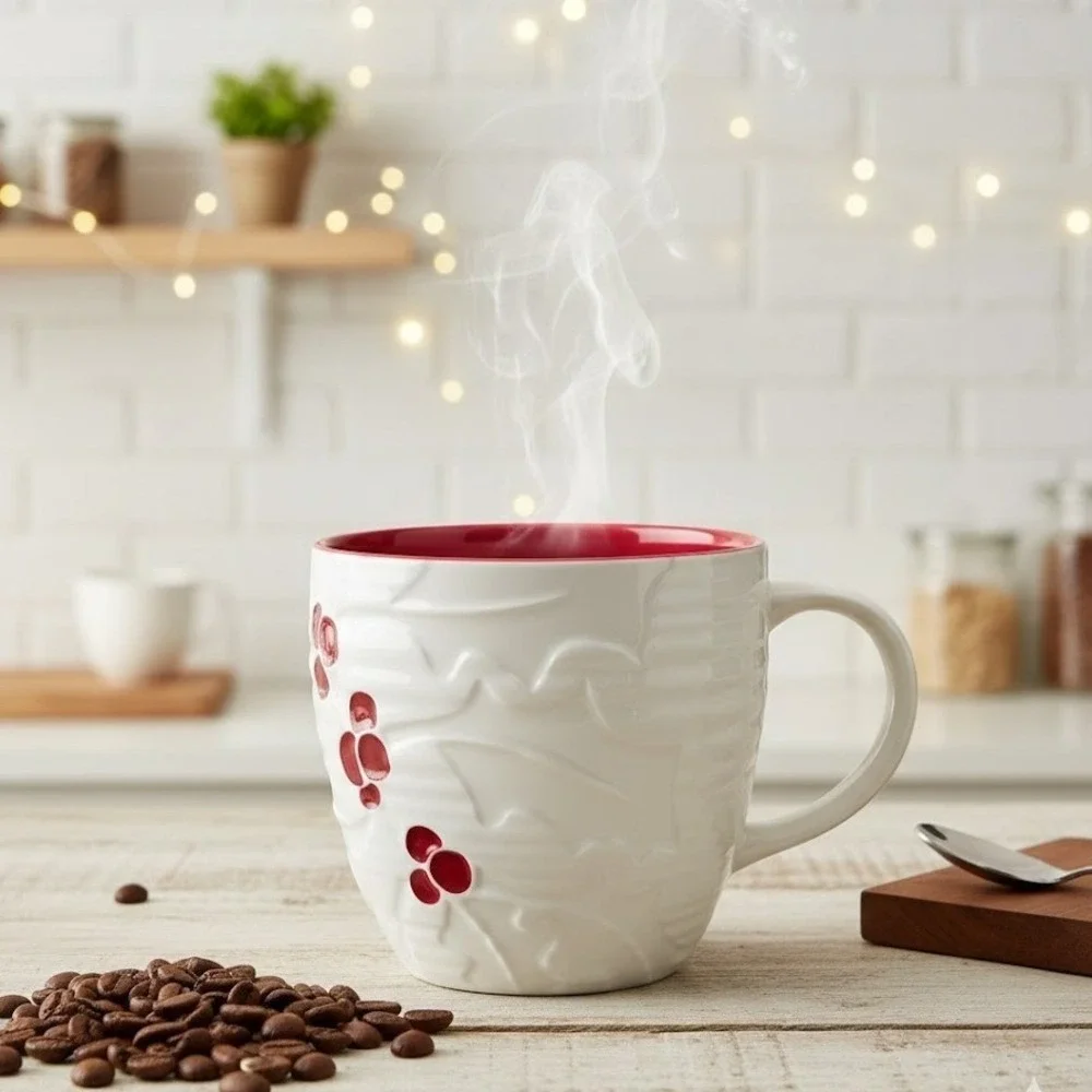 Starbucks 2010 White Christmas‎ Mug Red Holly Berries Embossed Ceramic Cup 16 oz